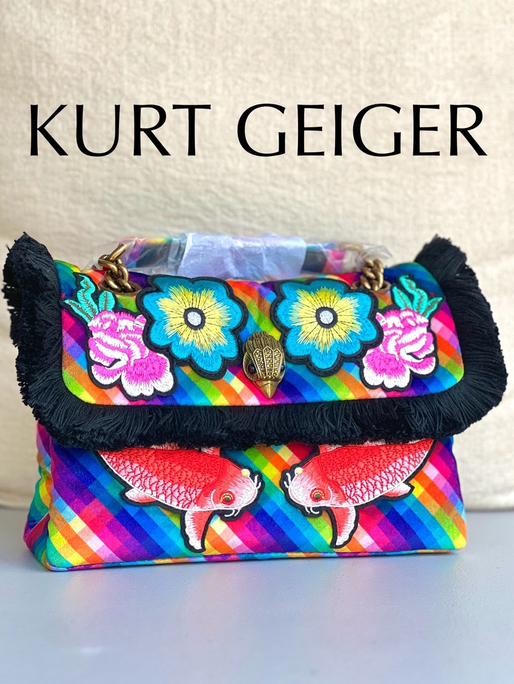 KURT GEIGER Kensington Embroidered Velvet Fringe convertible bag fish floral NWT